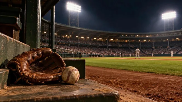 Classic old ballpark at night under floodlights with a baseball and worn leather glove on a dugout step