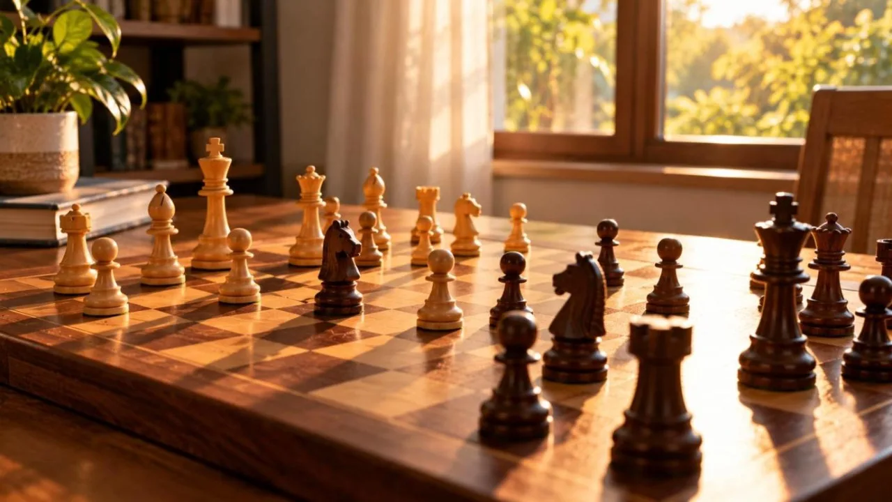 Wooden chessboard mid-game by a window in soft afternoon light