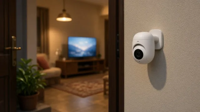 Wireless security camera on a wall near a home entrance with a smart TV glowing in the living room