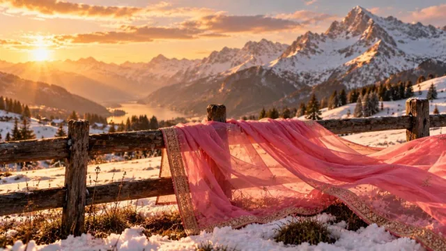 A flowing pink chiffon saree draped on a fence in a snowy Alpine meadow