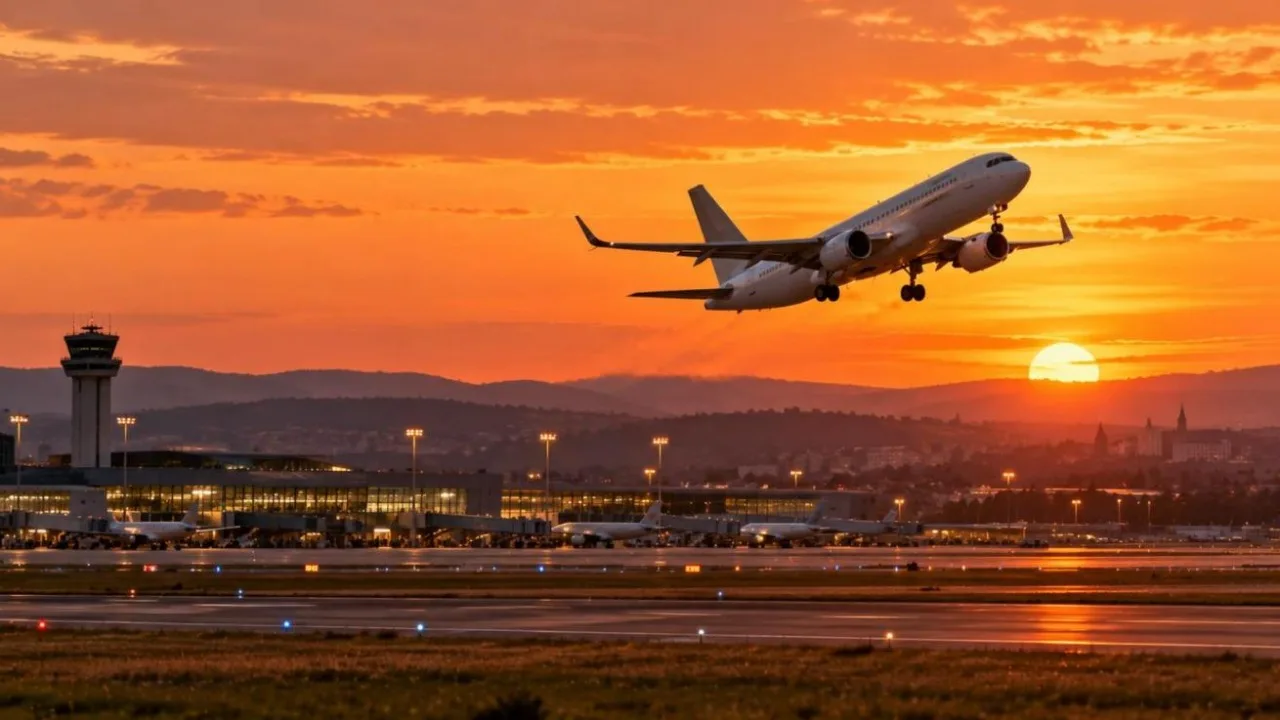 White passenger airplane taking off at sunset over a regional airport under an orange sky