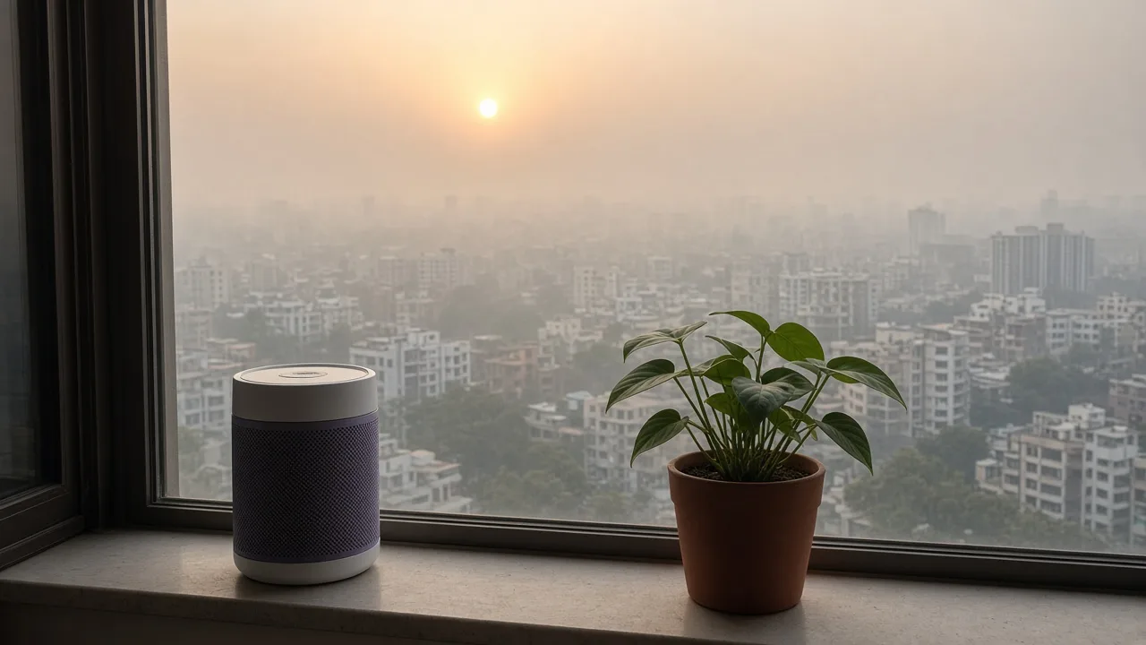 A smoggy city skyline seen through an apartment window with an air purifier on the sill, illustrating air pollution protection