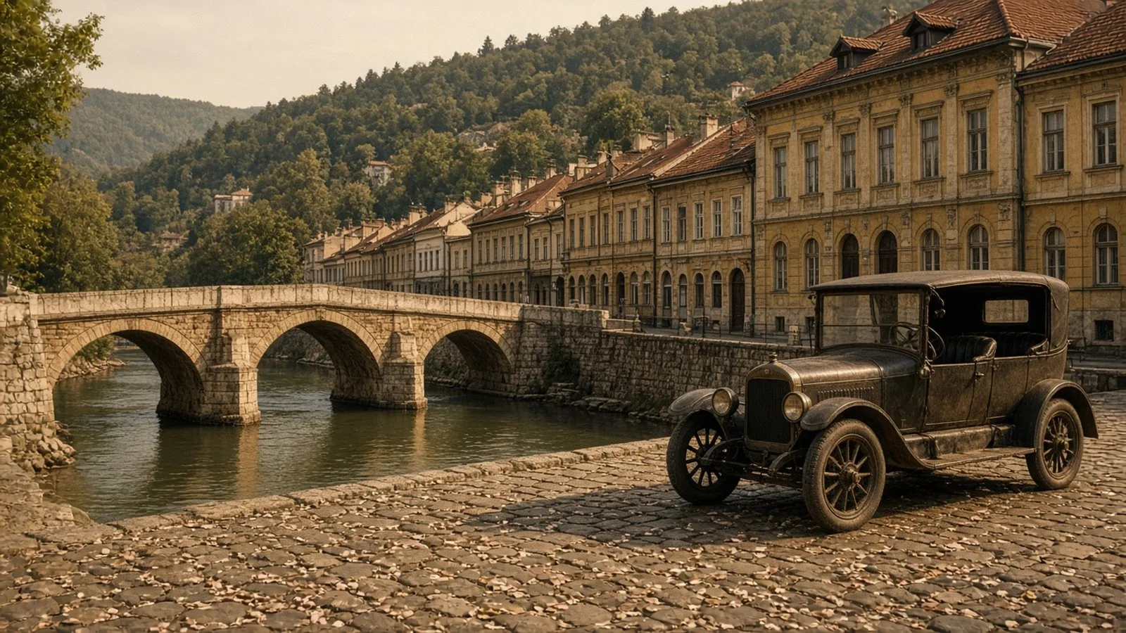 An old multi-arched stone bridge over a river in a Balkan city, with a row of ochre Austro-Hungarian era buildings with red tile roofs along the bank, wooded hills behind and an empty dark early-1900s