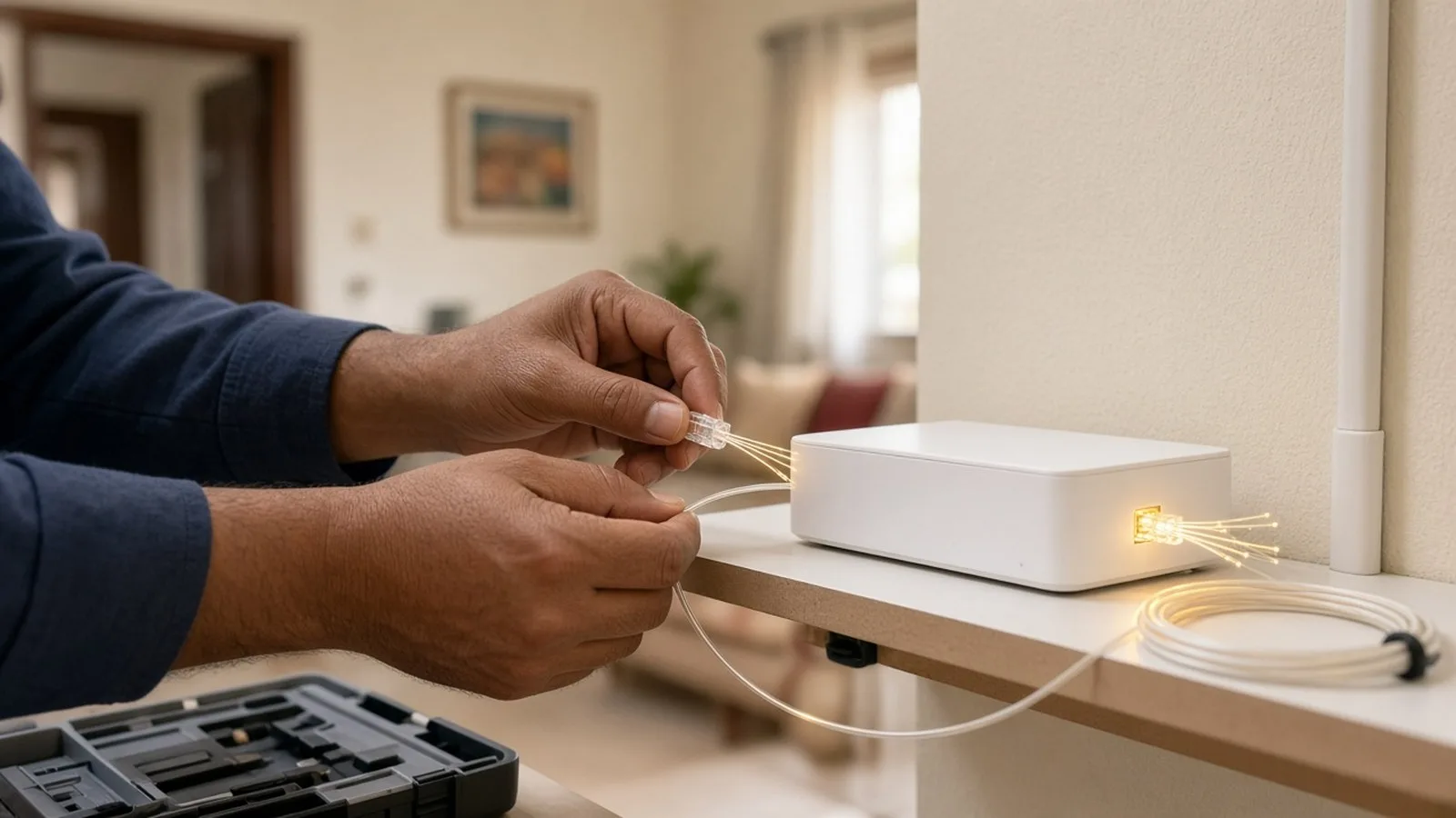 Technician's hands connecting a glowing fibre optic cable to a white router on a wall shelf