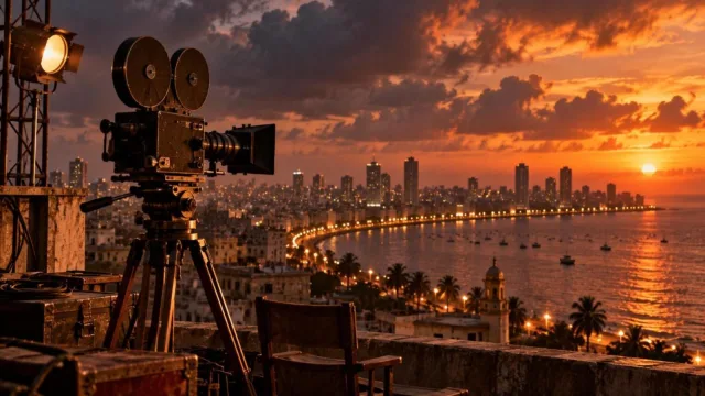 A vintage 1970s film camera on a rooftop overlooking the Mumbai skyline and sea at dusk