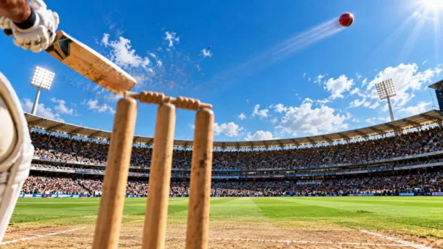 A red cricket ball flying high into a blue sky for six over a packed stadium