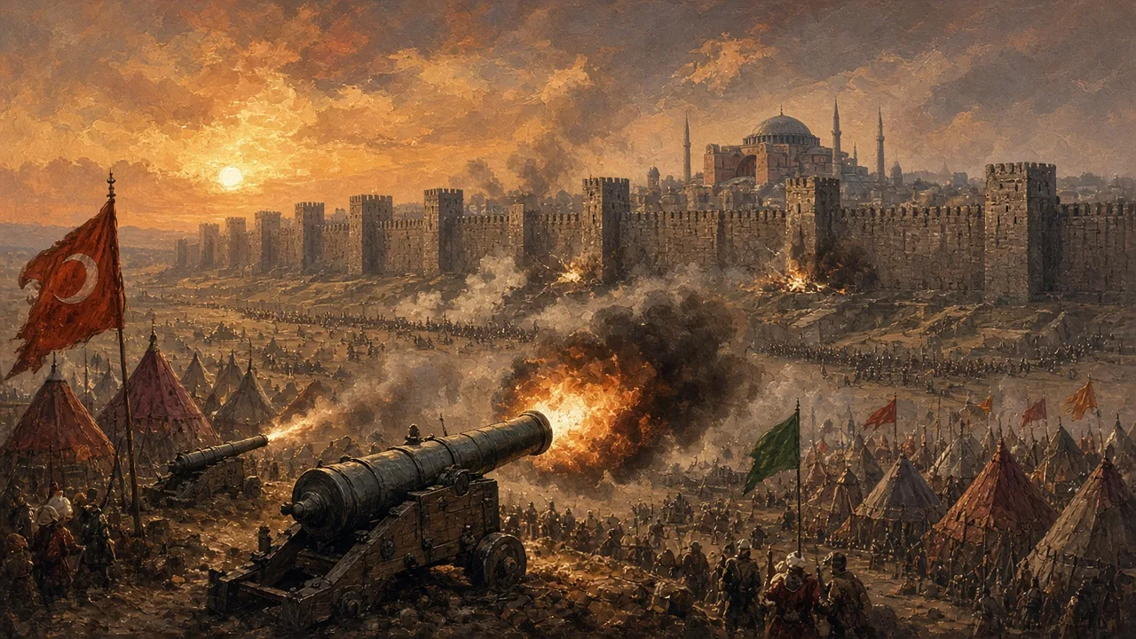 Ottoman cannons firing at the massive walls of Constantinople at dawn, with the dome of Hagia Sophia behind, illustrating the fall of Constantinople in 1453