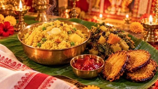 A brass bowl of yellow bhog khichuri with vegetables on a banana leaf beside labra, beguni and chutney