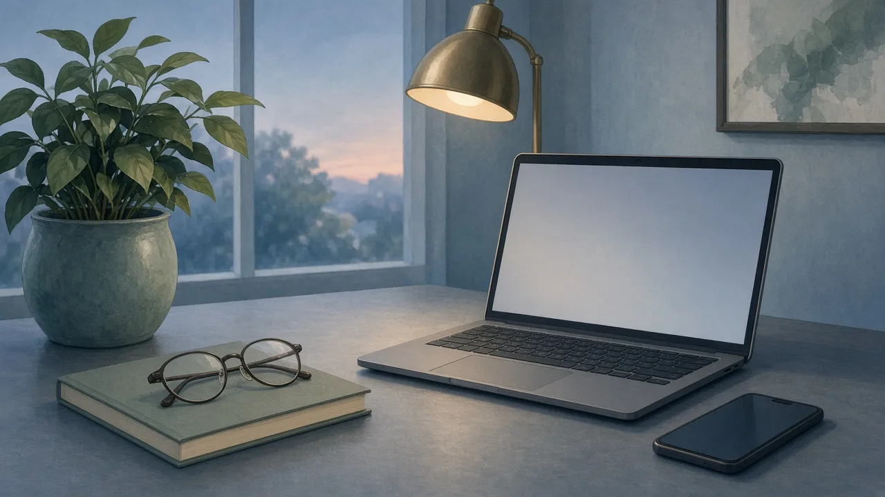 Editorial illustration of a laptop and smartphone on a desk beside a pair of spectacles, a desk lamp and a green plant