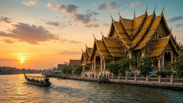 Golden Thai temple rooftops beside the Chao Phraya river in Bangkok at sunset