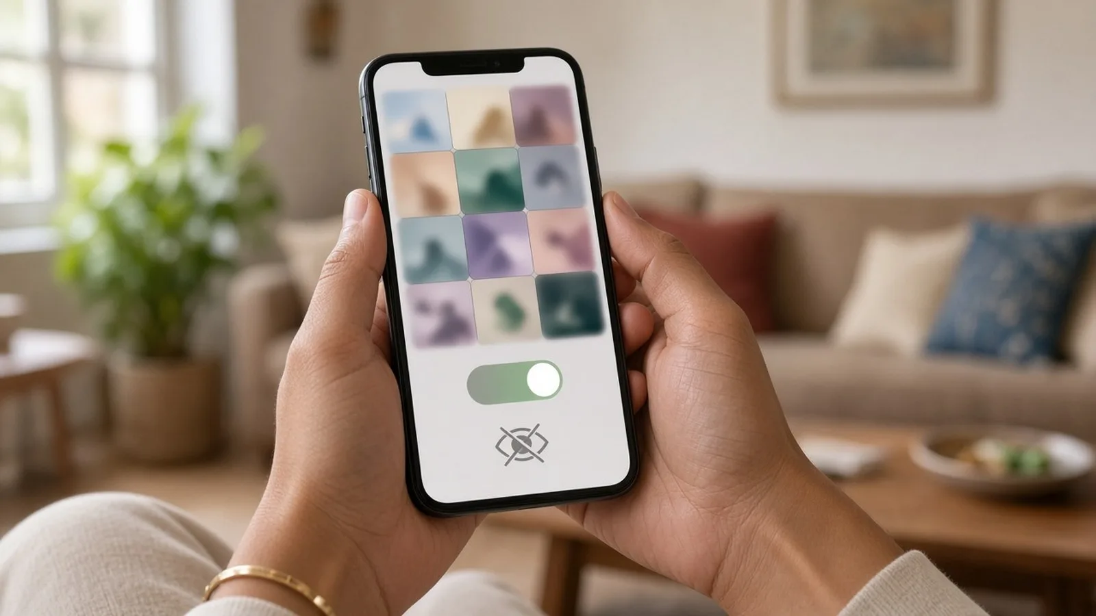 Hands holding a phone showing a grid of blurred photos with a privacy toggle and a hidden-eye symbol