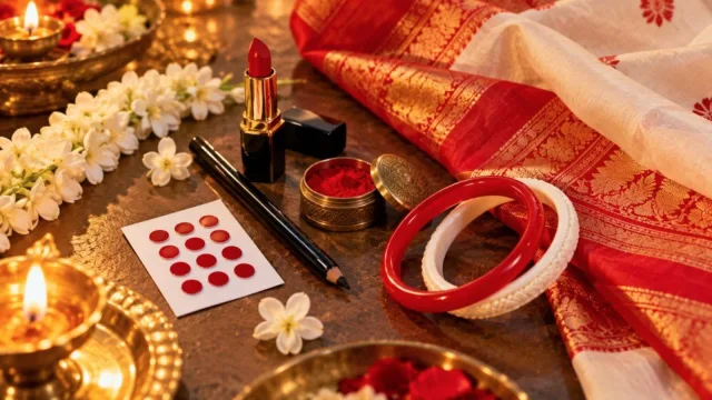 A festive flat lay of a red bindi card, kajal, red lipstick, sindoor box, shankha-pola bangles and jasmine