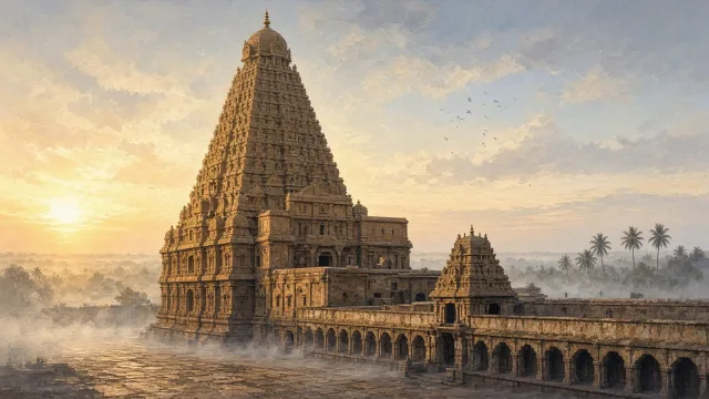 Painterly dawn view of the Brihadisvara (Big Temple) at Thanjavur, its thirteen-storey granite tower rising over a stone courtyard and cloister wall, with palms in the distance