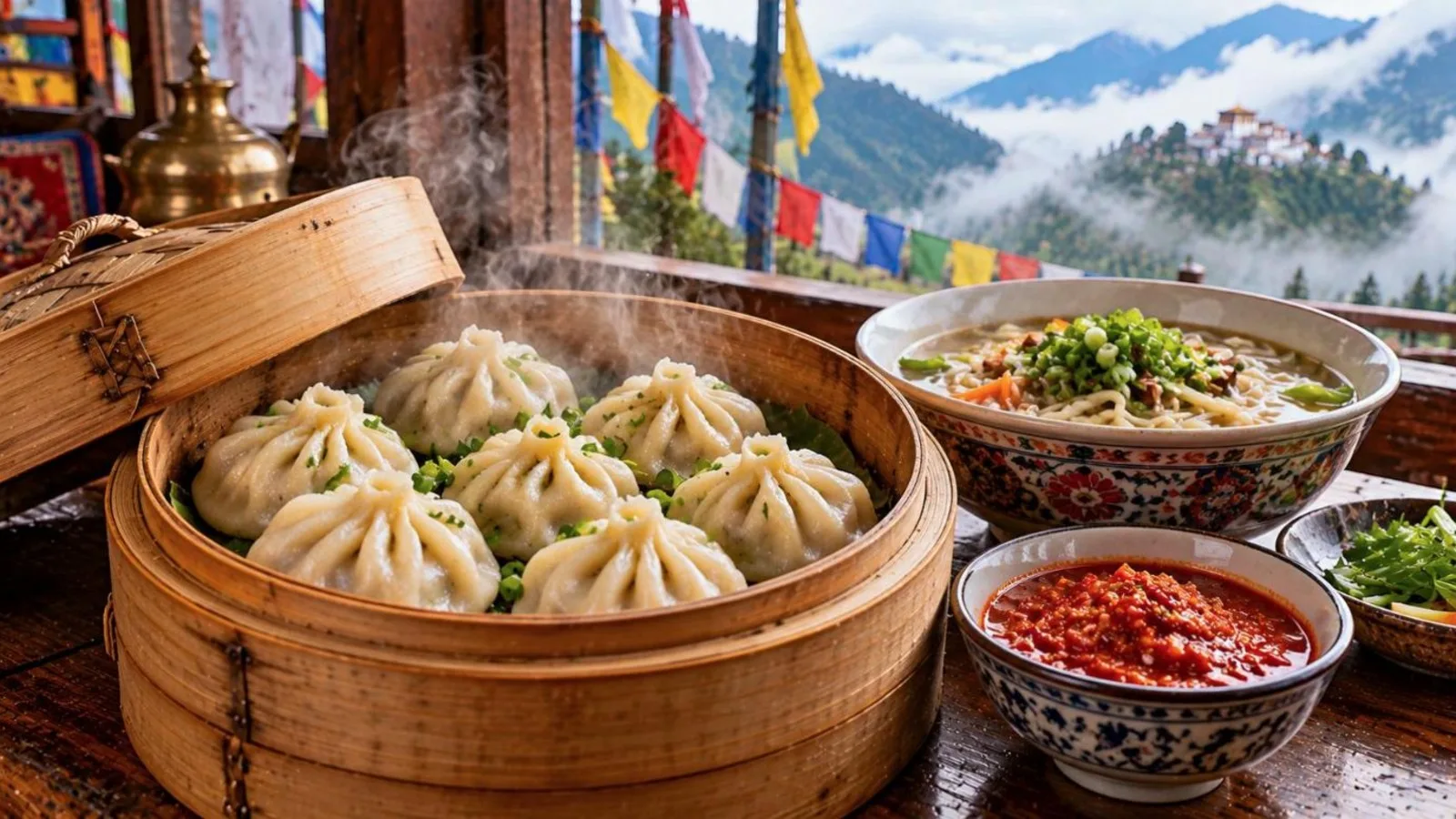 Steamed momos in a bamboo steamer with red tomato-chilli chutney and a bowl of thukpa