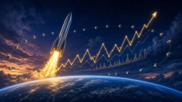 Rocket climbing into a twilight sky with a plume shaped like rising stock-chart lines above a ring of satellites orbiting Earth