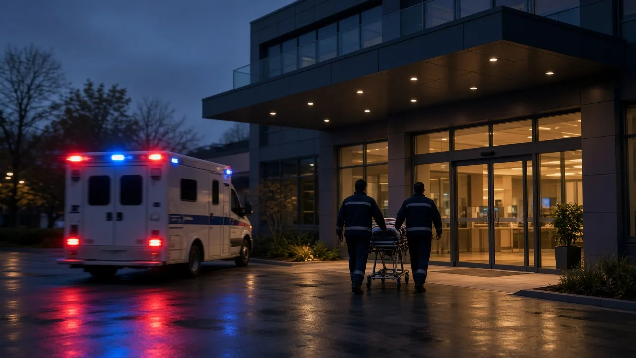 An ambulance outside a hospital emergency entrance at dusk, illustrating the urgency of stroke treatment