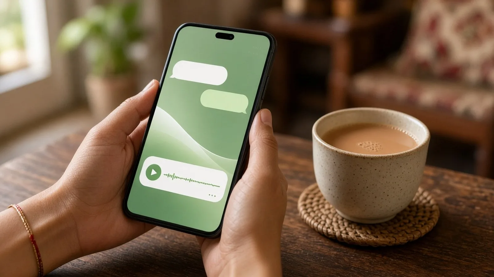 Hands holding a phone showing chat bubbles and a voice note, with a cup of chai on a wooden table