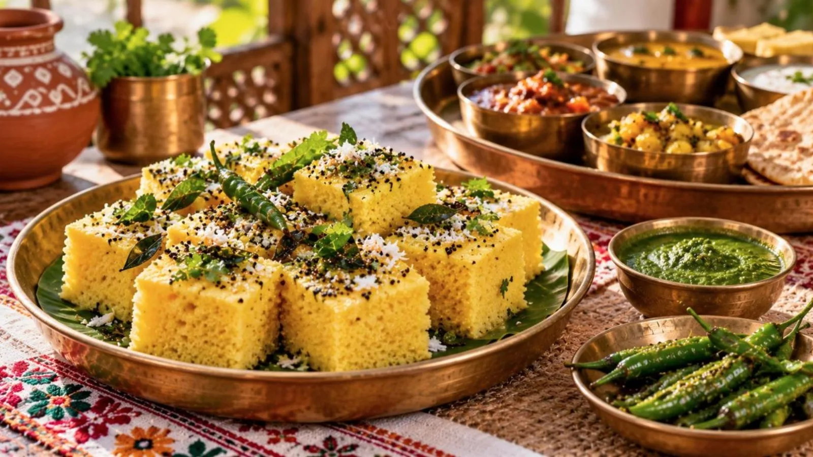 Spongy yellow khaman dhokla tempered with mustard seeds, curry leaves and coriander on a brass plate