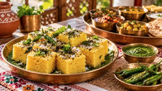 Spongy yellow khaman dhokla tempered with mustard seeds, curry leaves and coriander on a brass plate