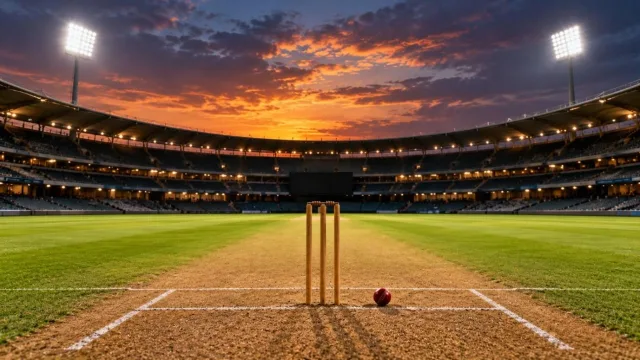 Empty floodlit cricket stadium at dusk with stumps and a red ball