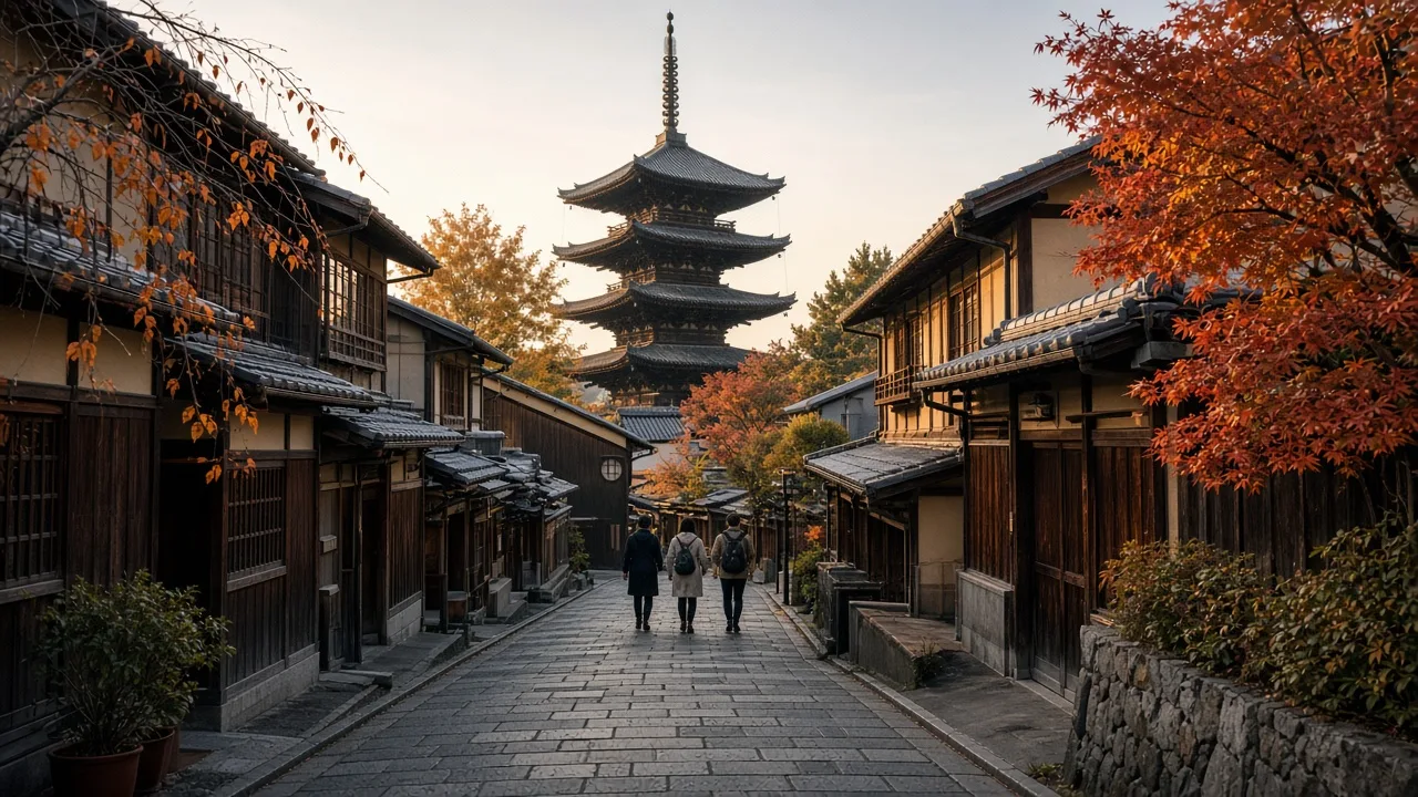 Wooden townhouses lining a stone lane leading to the Yasaka pagoda in Kyoto at sunrise