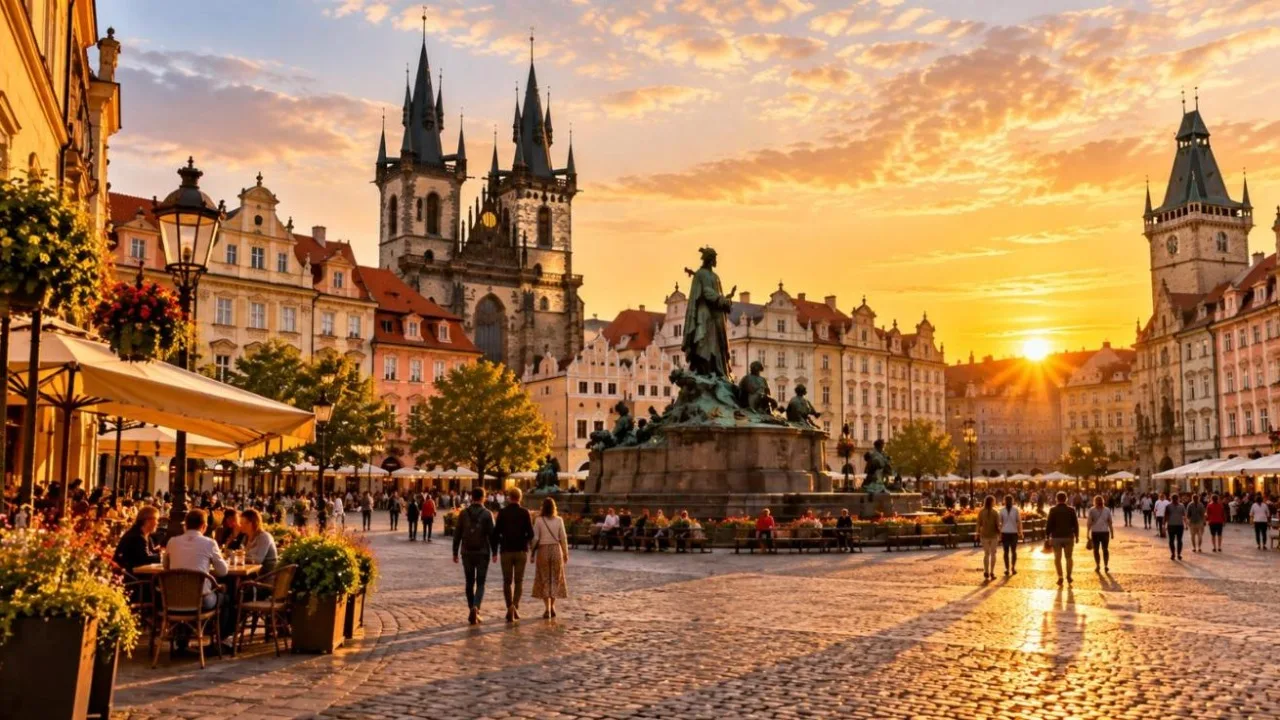 Wide cobbled old-town square in Central Europe with gothic buildings and a fountain at golden hour