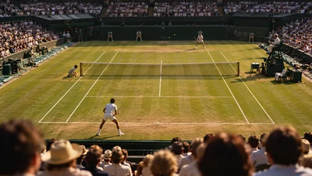 Grass tennis centre court with blurred crowd and two silhouetted players at opposite baselines