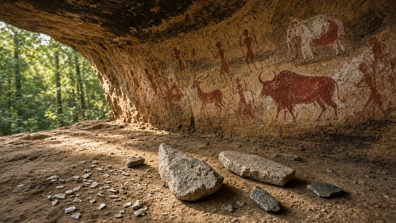 Sandstone rock shelter with red ochre prehistoric paintings and stone hand-axes in the foreground, illustrating Stone Age India and Bhimbetka