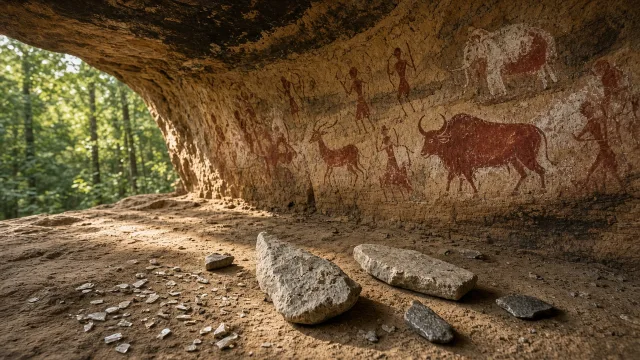 Sandstone rock shelter with red ochre prehistoric paintings and stone hand-axes in the foreground, illustrating Stone Age India and Bhimbetka