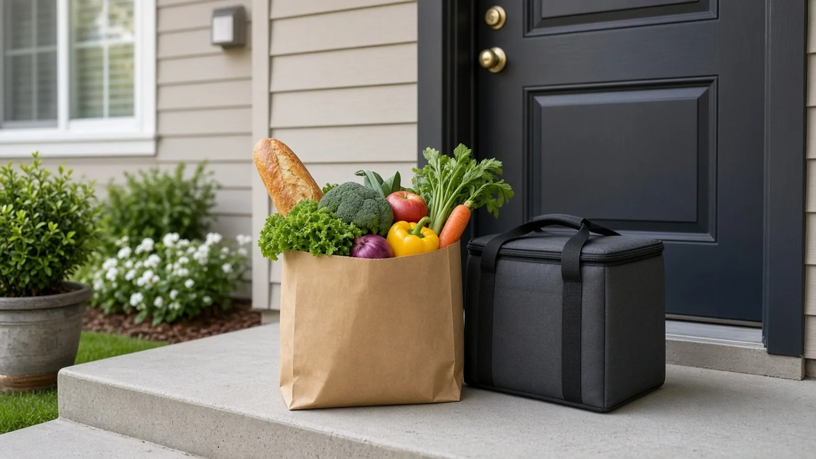 A paper grocery bag of fresh vegetables and bread next to an insulated delivery bag on a house doorstep