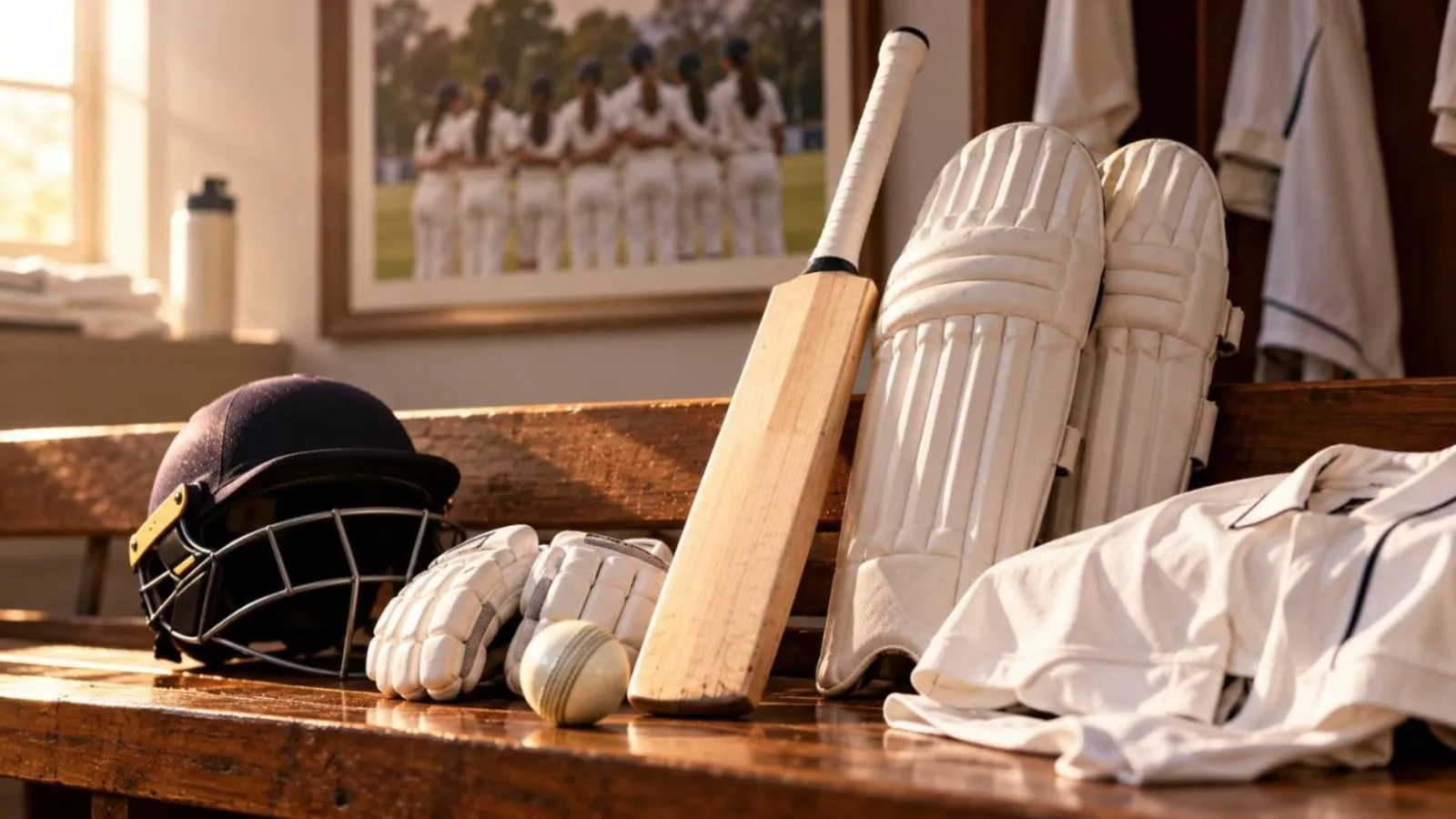 A white women's cricket kit with bat, helmet, pads and gloves on a dressing room bench