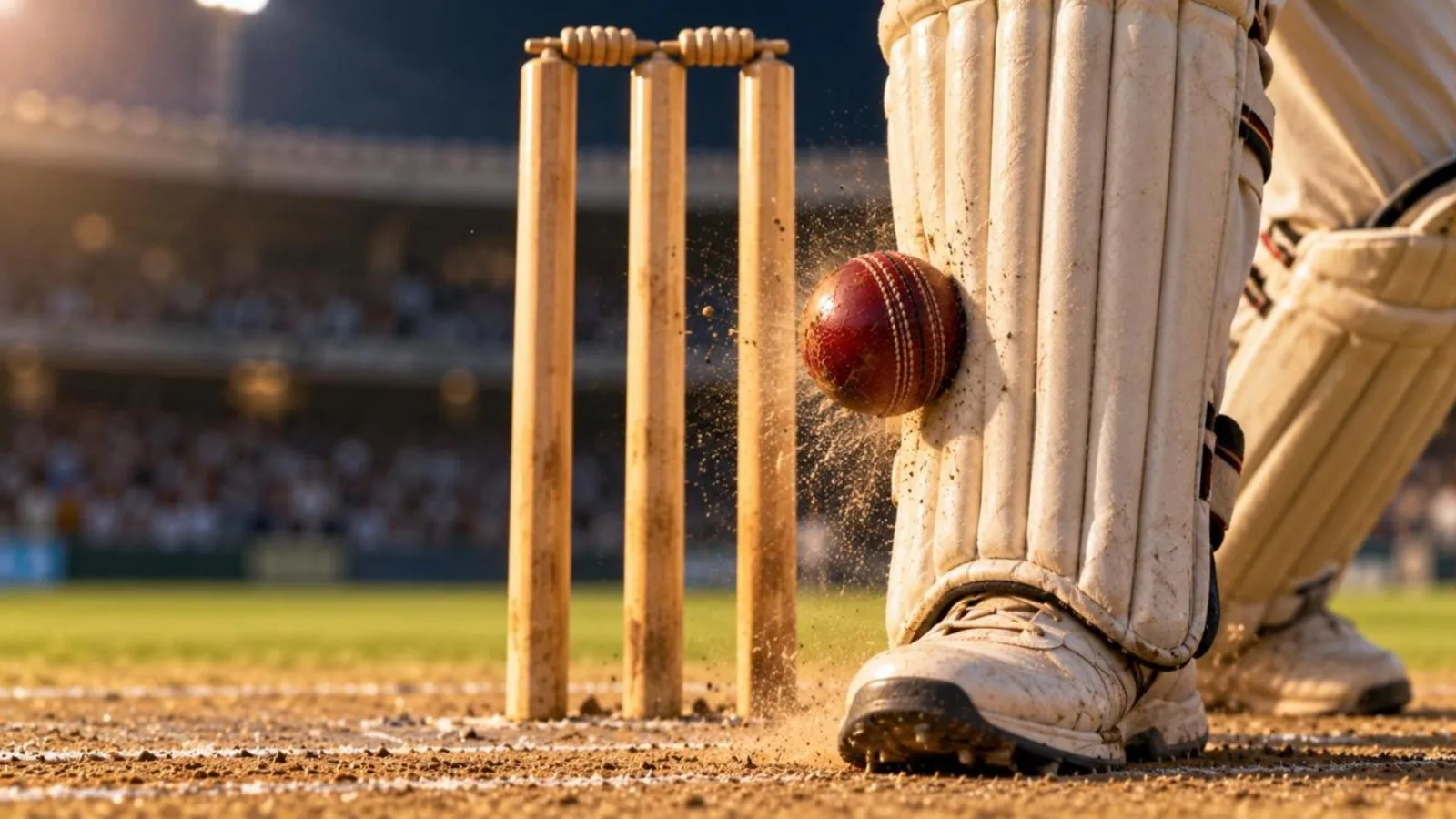A red cricket ball striking a batsman's pad in front of the stumps