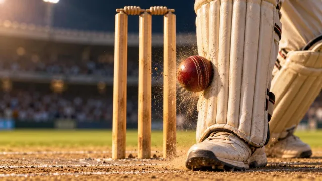 A red cricket ball striking a batsman's pad in front of the stumps