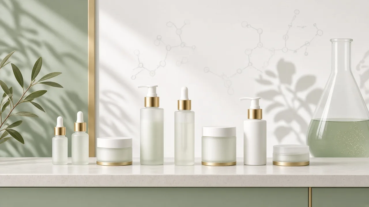 Unbranded skincare bottles lined up on a clinic counter, representing the rise of doctor-dispensed skincare