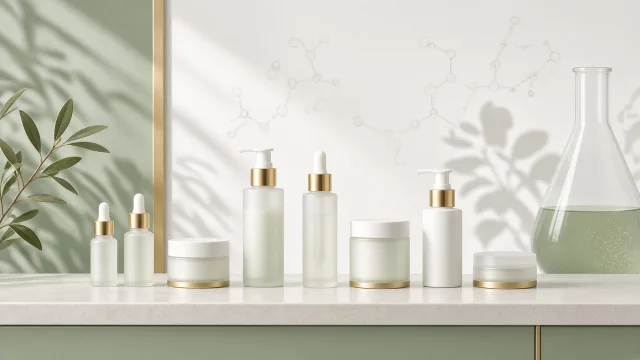 Unbranded skincare bottles lined up on a clinic counter, representing the rise of doctor-dispensed skincare