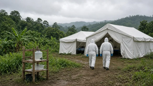 Health workers in protective gear walking past a field clinic tent in a green rural landscape