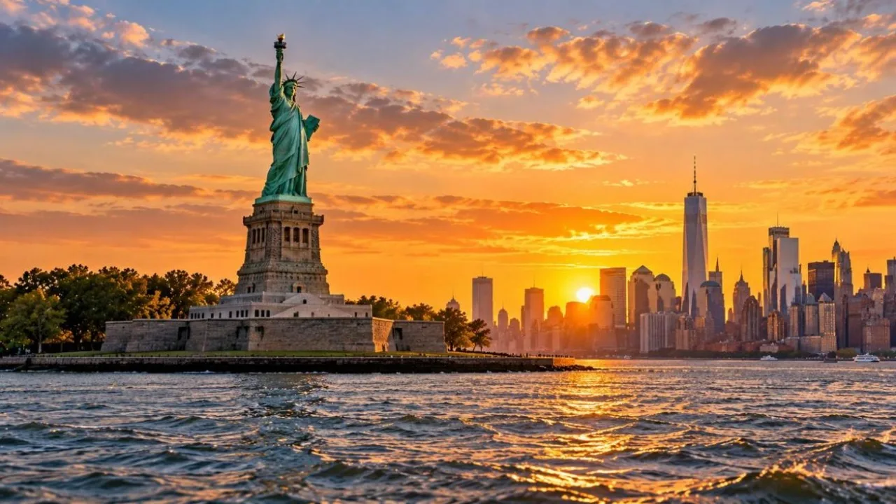 The Statue of Liberty at golden hour seen from the water with the New York skyline