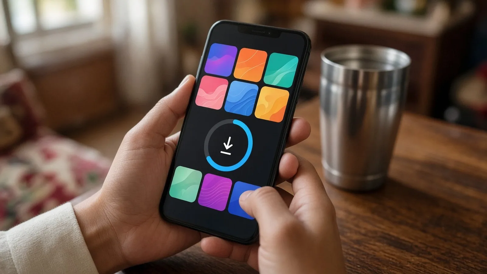 Hands holding a smartphone showing a grid of colourful app tiles and a download progress ring