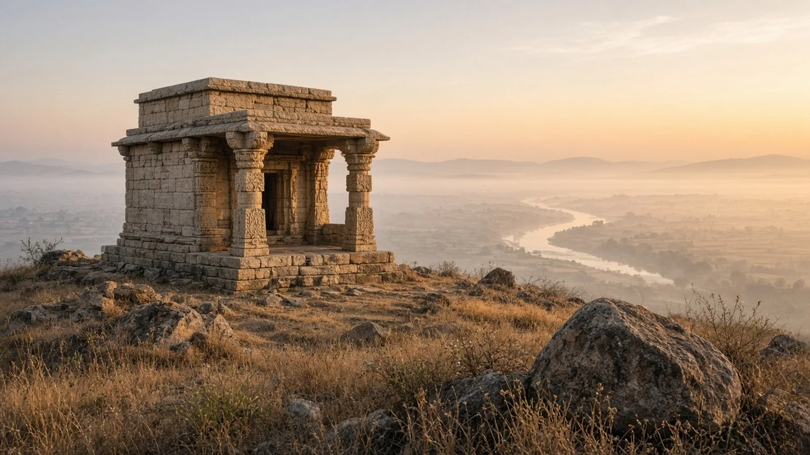 A small flat-roofed sandstone temple in the early Gupta style with a pillared porch, standing on a rocky hilltop in central India at sunrise, with dry grass and boulders in front and a misty river pla