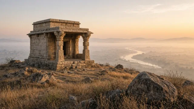 A small flat-roofed sandstone temple in the early Gupta style with a pillared porch, standing on a rocky hilltop in central India at sunrise, with dry grass and boulders in front and a misty river pla