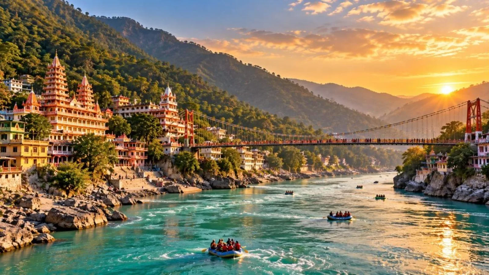 Lakshman Jhula suspension bridge over the Ganga in Rishikesh with temples and green hills