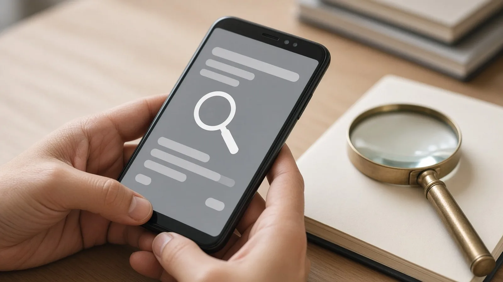 Smartphone showing a search screen next to a brass magnifying glass on a table