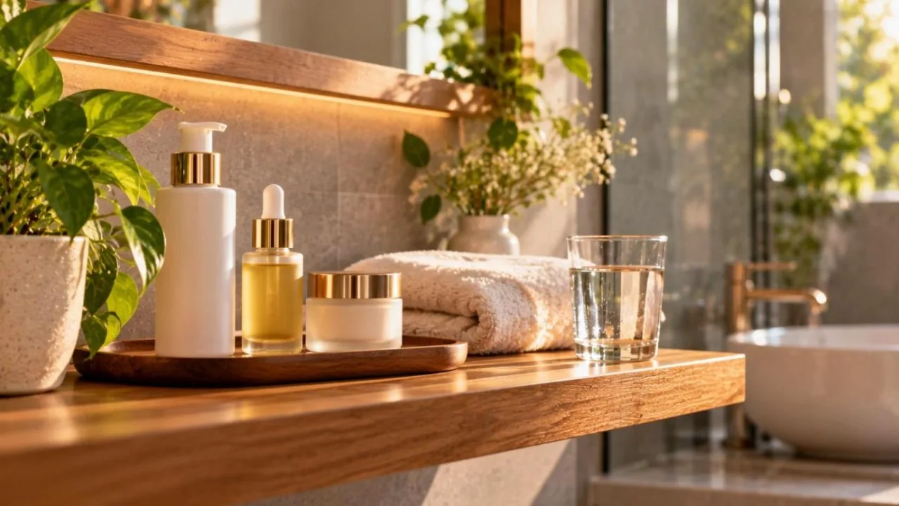 Minimal bathroom shelf with unlabelled skincare bottles and a serum dropper