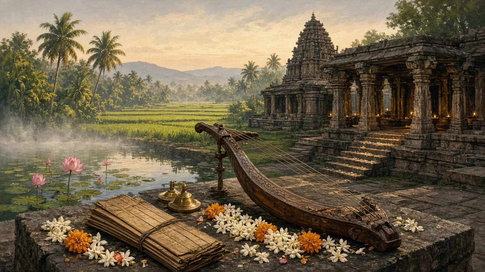 Painterly dawn scene of an ancient Tamil stone temple by a lotus tank, with a lamp-lit pillared hall, and a yazh harp, small cymbals and palm-leaf manuscripts with flowers on a stone step