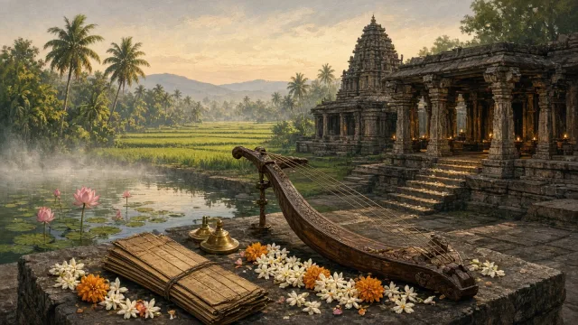 Painterly dawn scene of an ancient Tamil stone temple by a lotus tank, with a lamp-lit pillared hall, and a yazh harp, small cymbals and palm-leaf manuscripts with flowers on a stone step