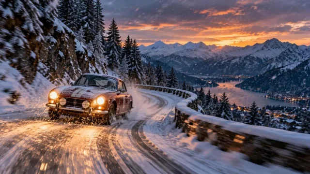 Snowy mountain rally road at dusk with headlights glowing