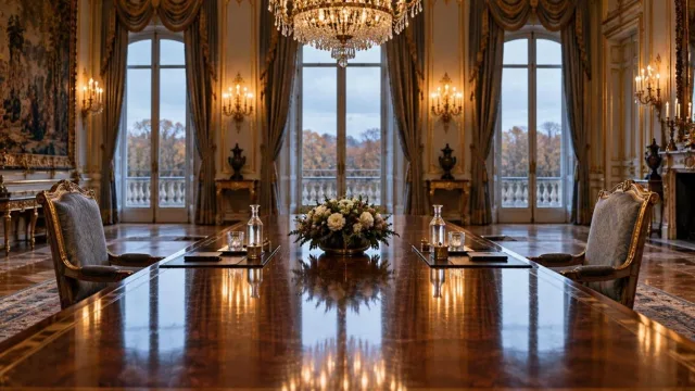 An ornate palace meeting room with a long table and chandeliers