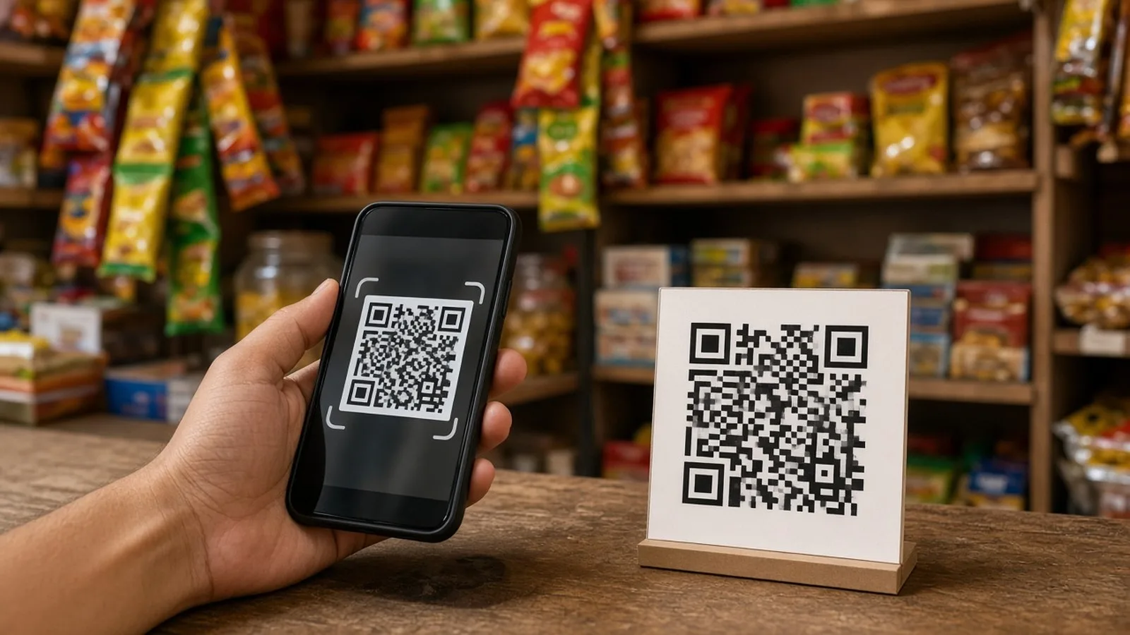 Hand holding a smartphone to scan a QR code standee at a kirana shop counter