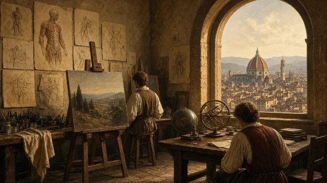 A Renaissance artist's workshop overlooking Florence's cathedral dome, illustrating Europe's rebirth of art and science