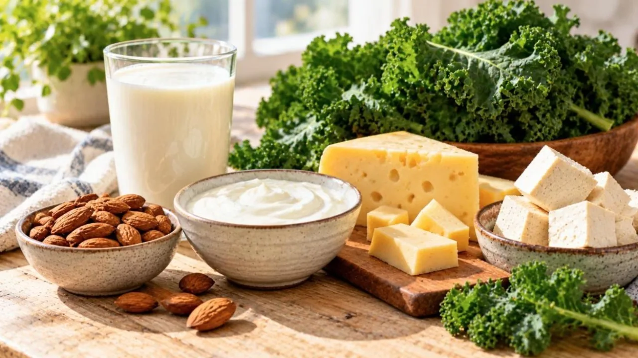 Milk, yoghurt, cheese, tofu, kale and almonds on a light wooden table in soft daylight